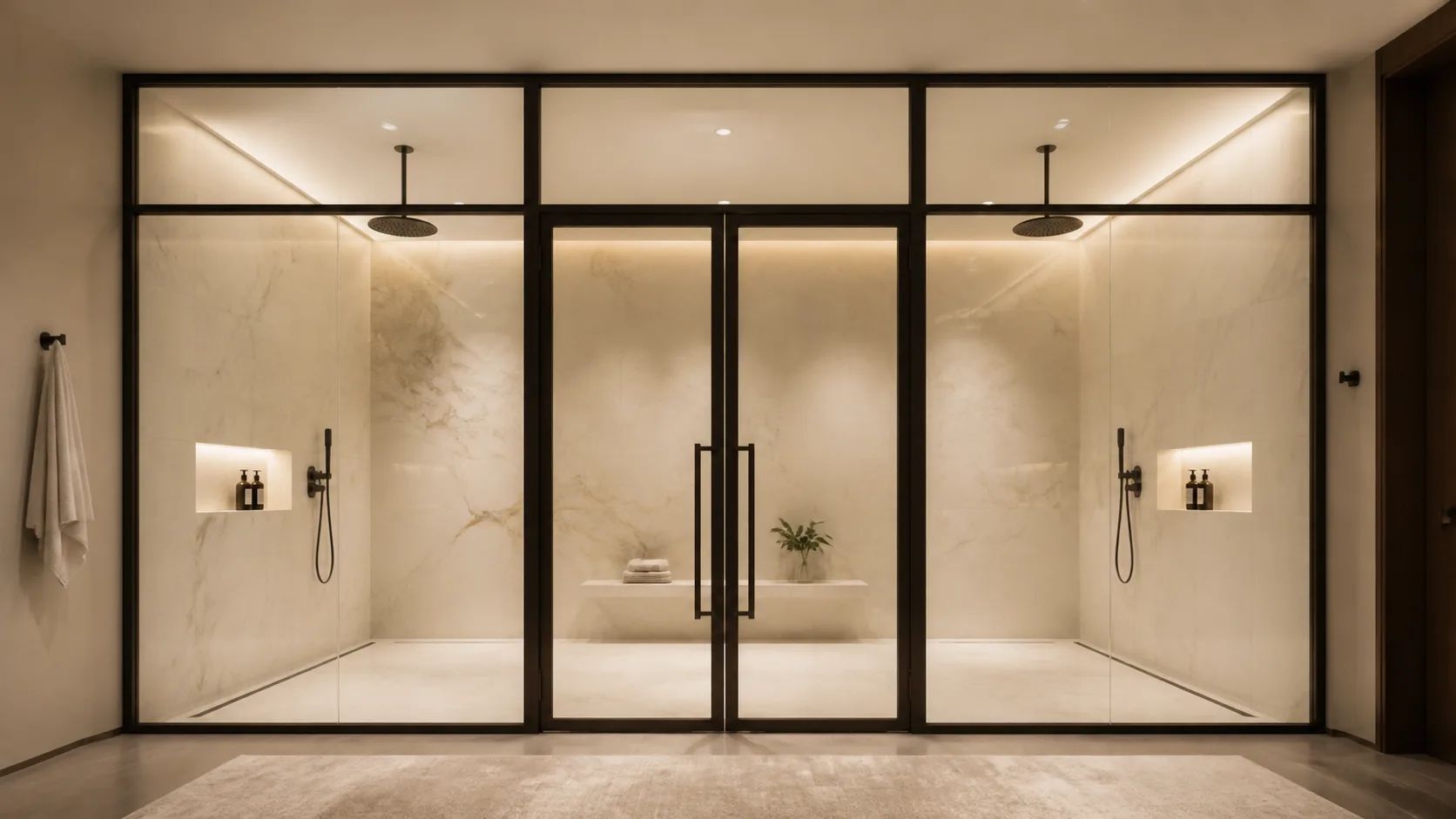 Symmetrical steel and glass wet-room partition