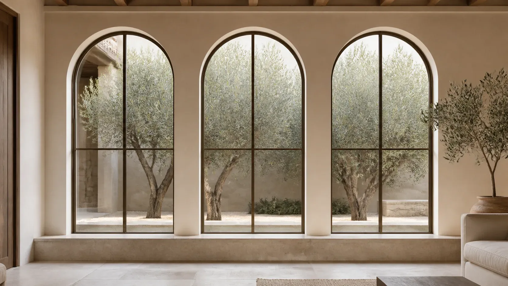 Soft-arched steel windows framing olive trees in a pale plaster room