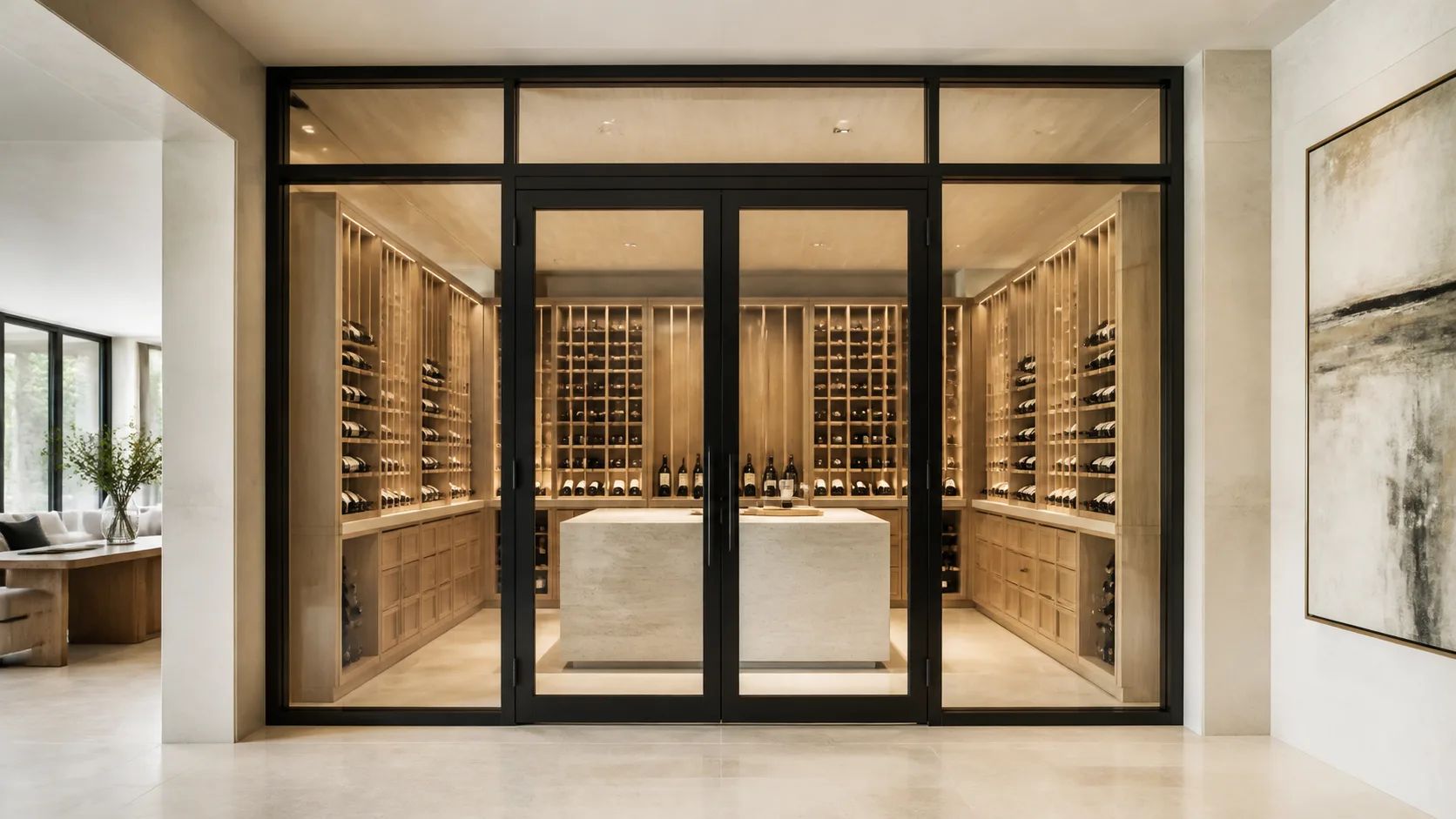 Steel-and-glass wine room with oak bottle walls and a central tasting island by D’Hierro