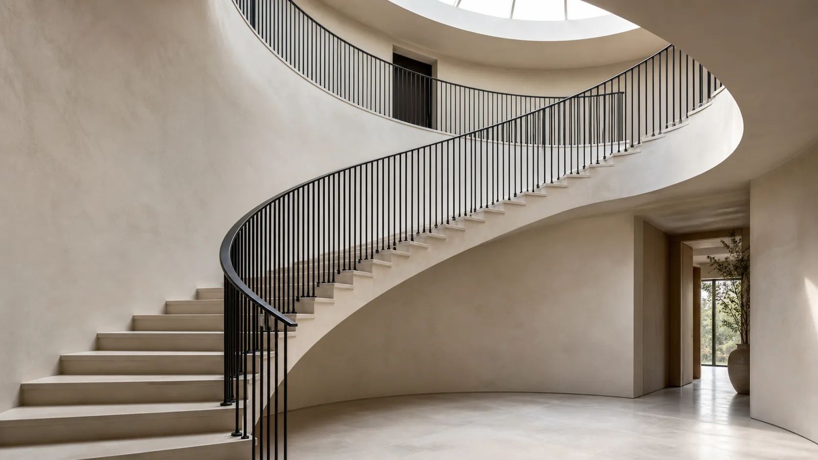 Black curved floating stair railing sweeping through a bright architectural interior