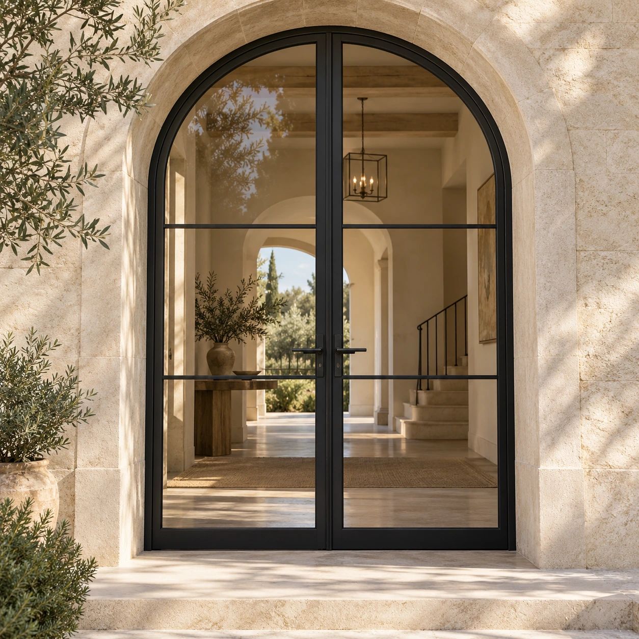 Arched double steel and glass entrance doors set in warm limestone