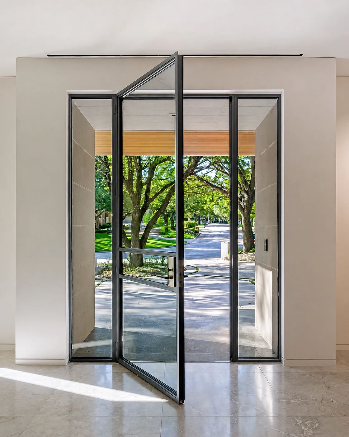 Interior view of the Bent Tree gunmetal steel pivot entry open toward the tree-lined Dallas street