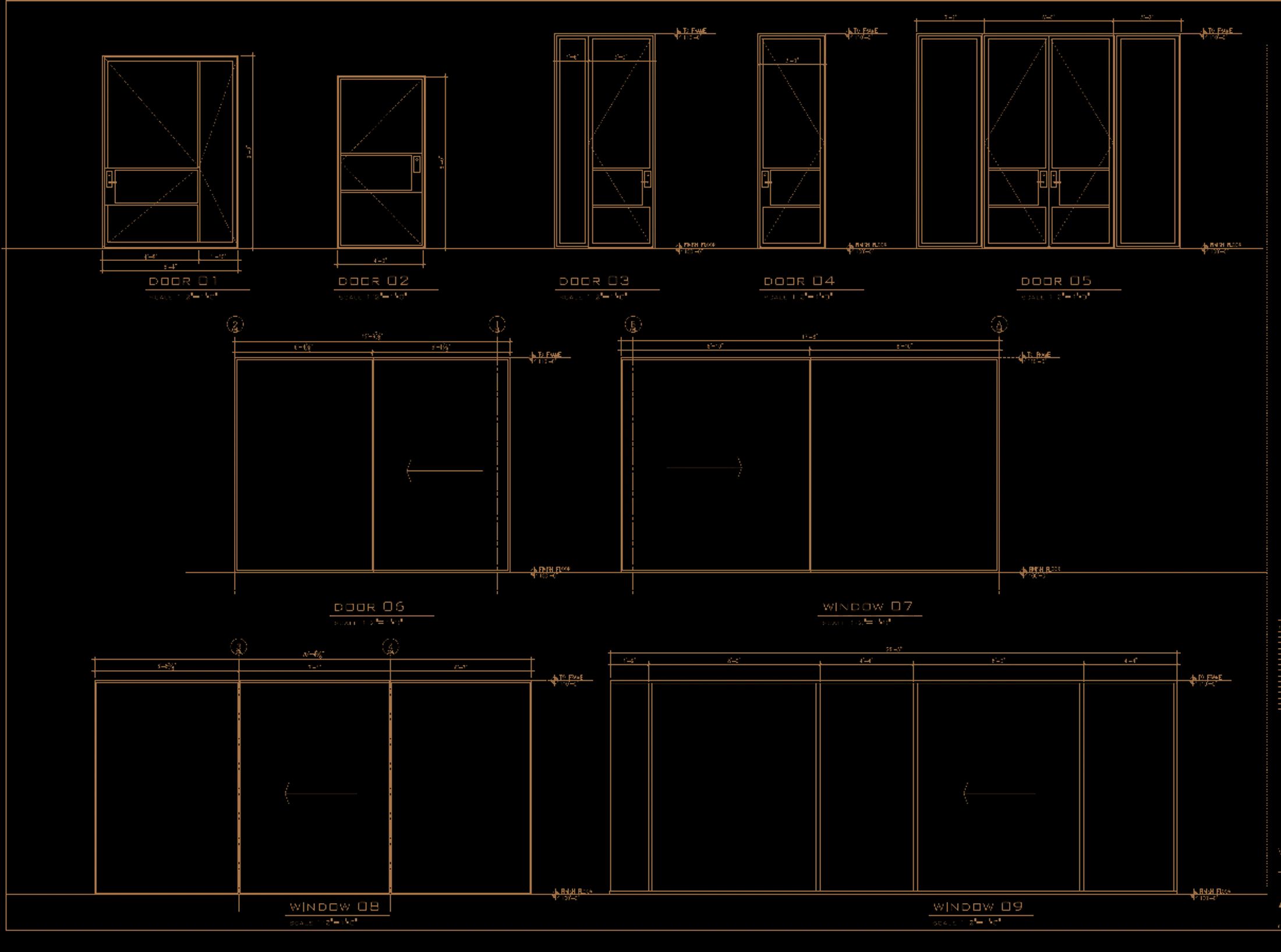D’Hierro bronze linework showing pivot, swing, fixed, double-door, and sliding steel opening concepts for Bent Tree
