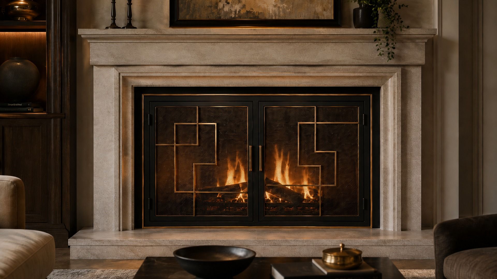 Bronze geometric fireplace doors close-up with fire behind mesh
