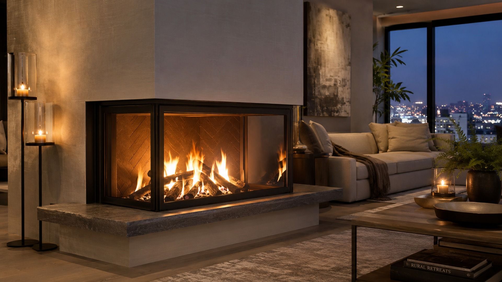 Corner fireplace doors wrapping around a two-sided fireplace