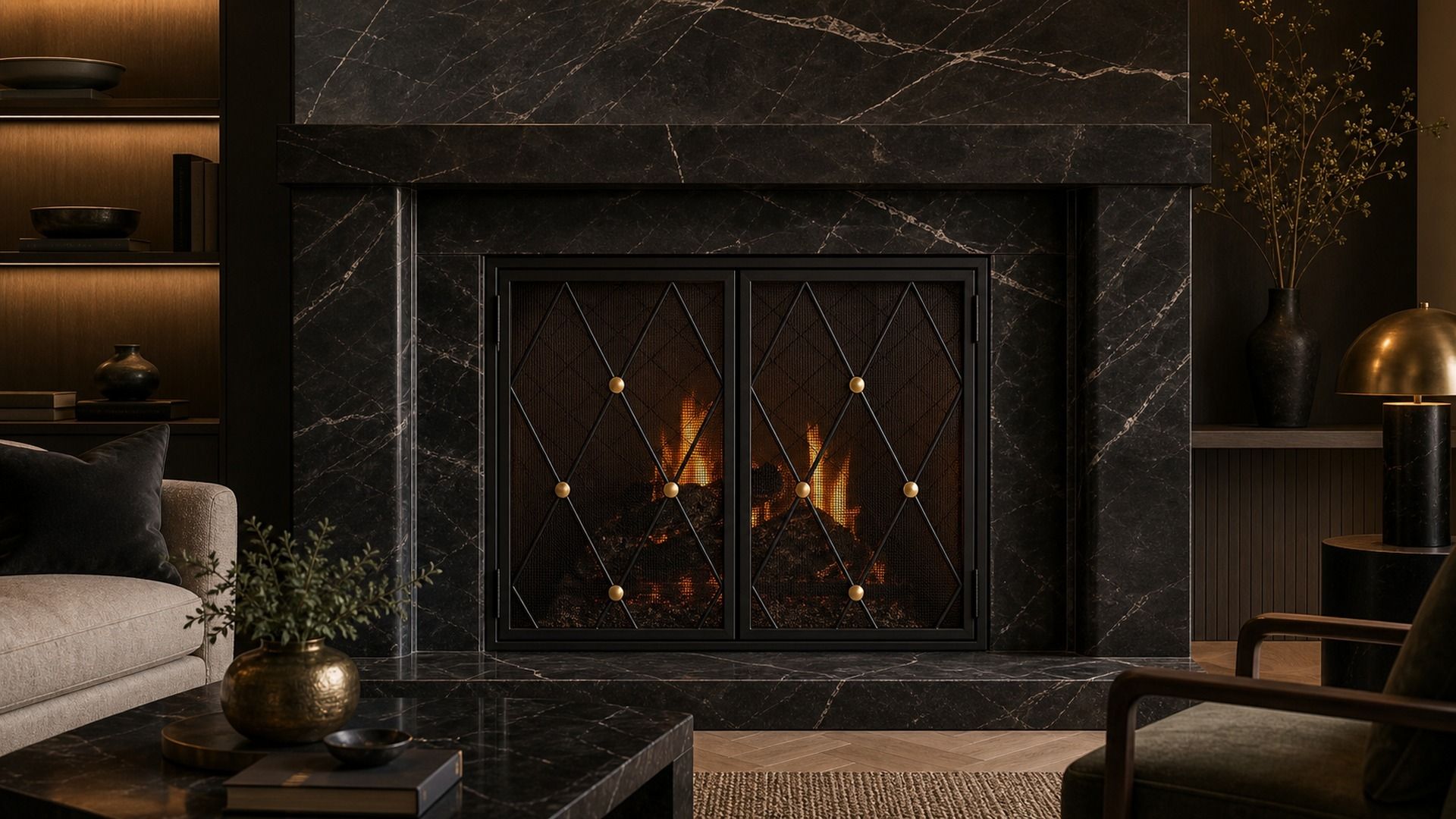 Black marble fireplace with custom steel screen and brass details