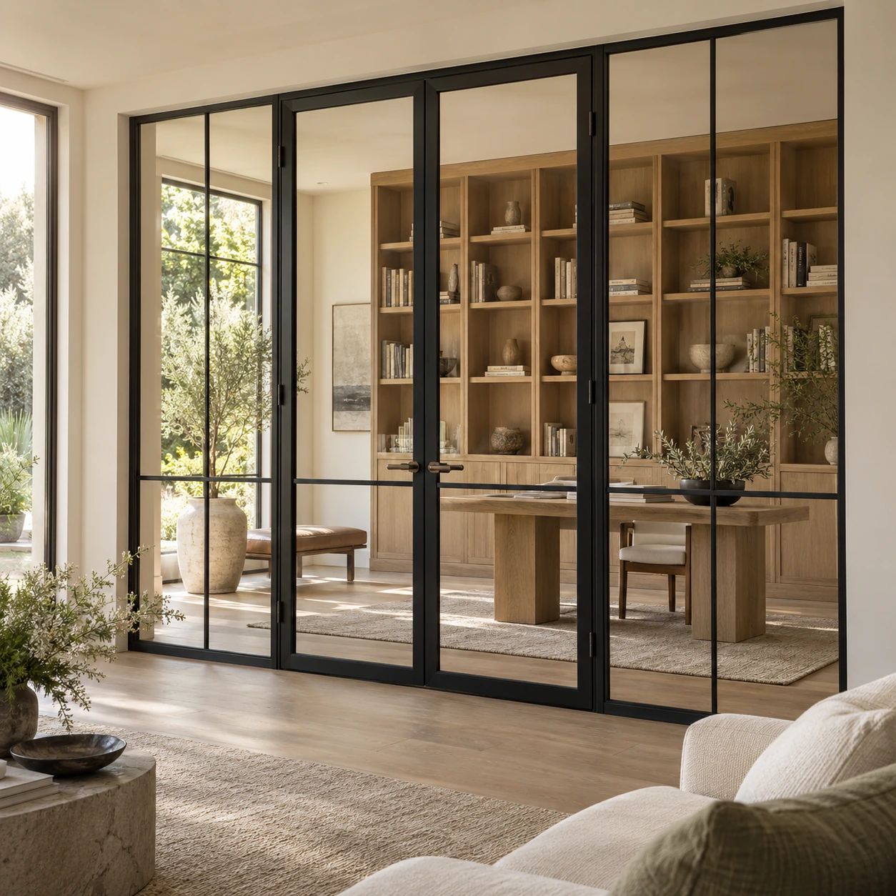 Slim steel and glass partition opening onto a light-filled oak library