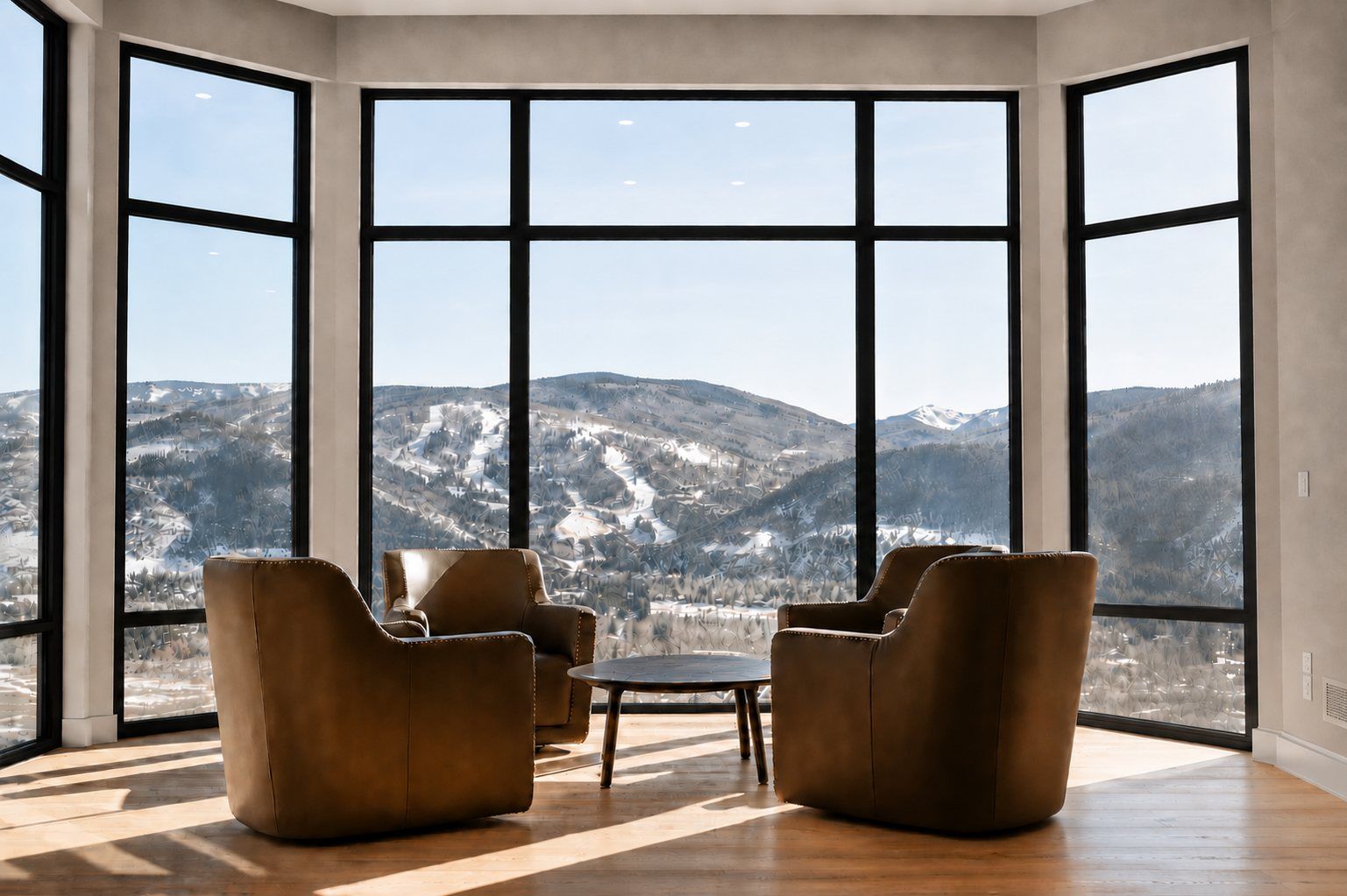 Corner steel window wall framing the Colorado mountains