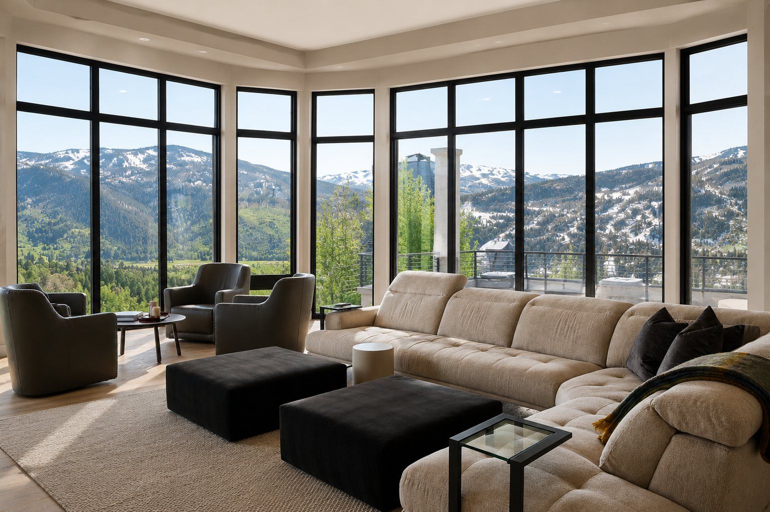 Living room with steel window walls and a Bracci sectional