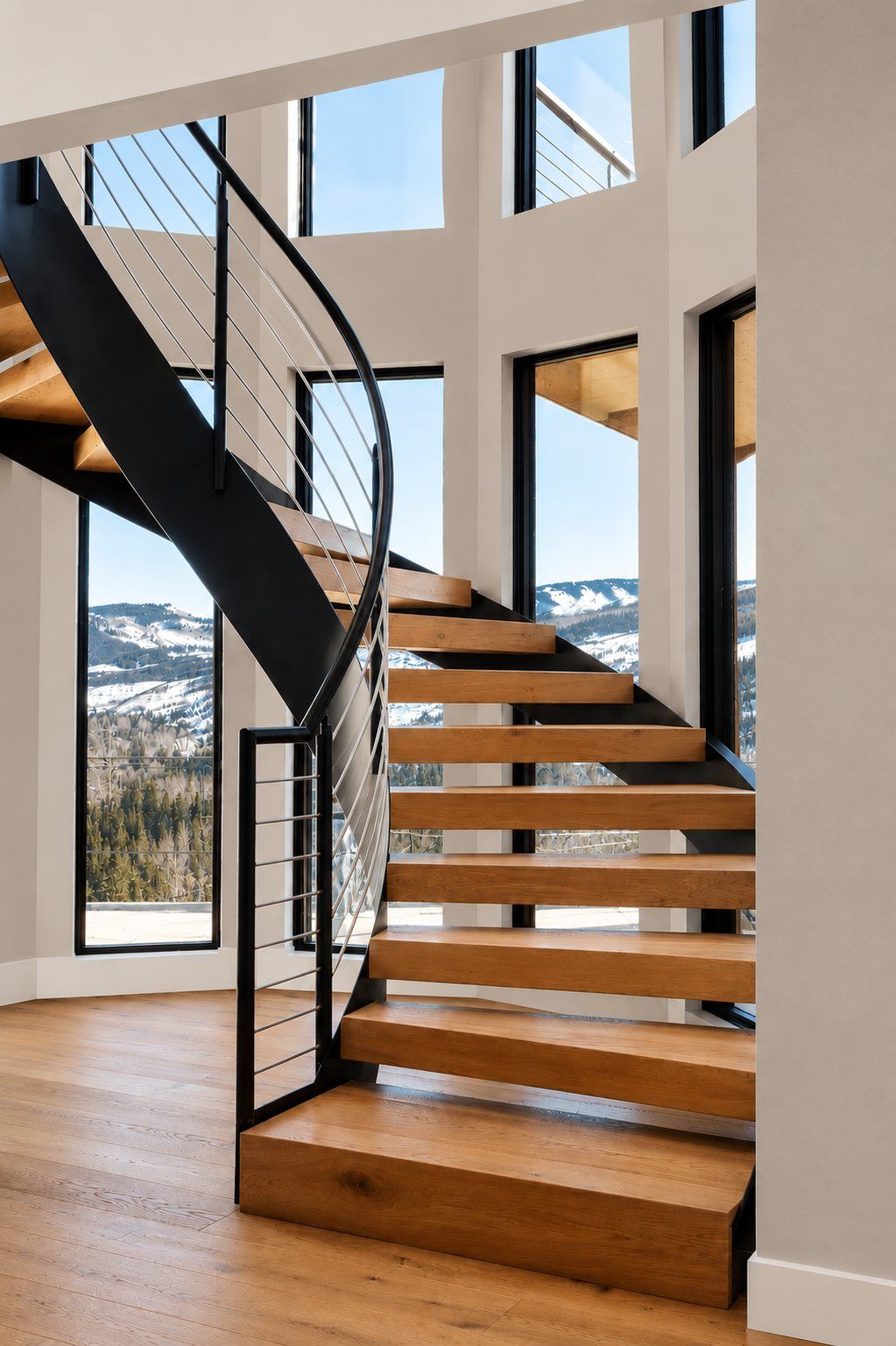 Spiral stair beside a steel window framing the mountains