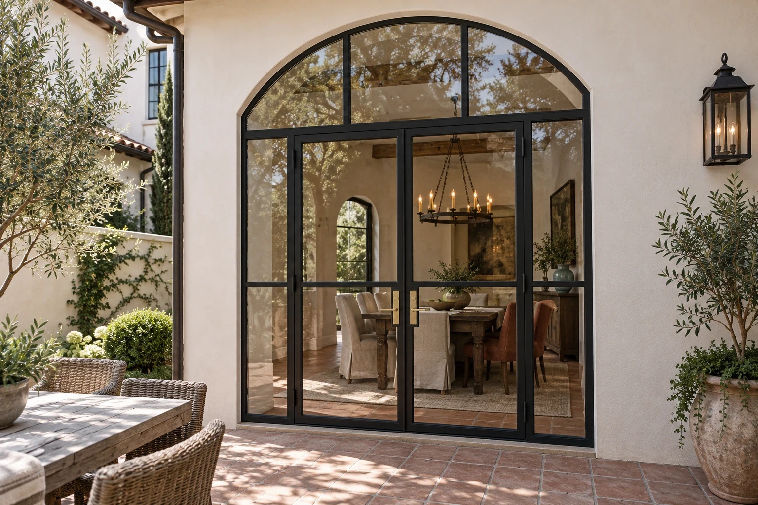 Arched transom entrance; courtyard dining-room entrance