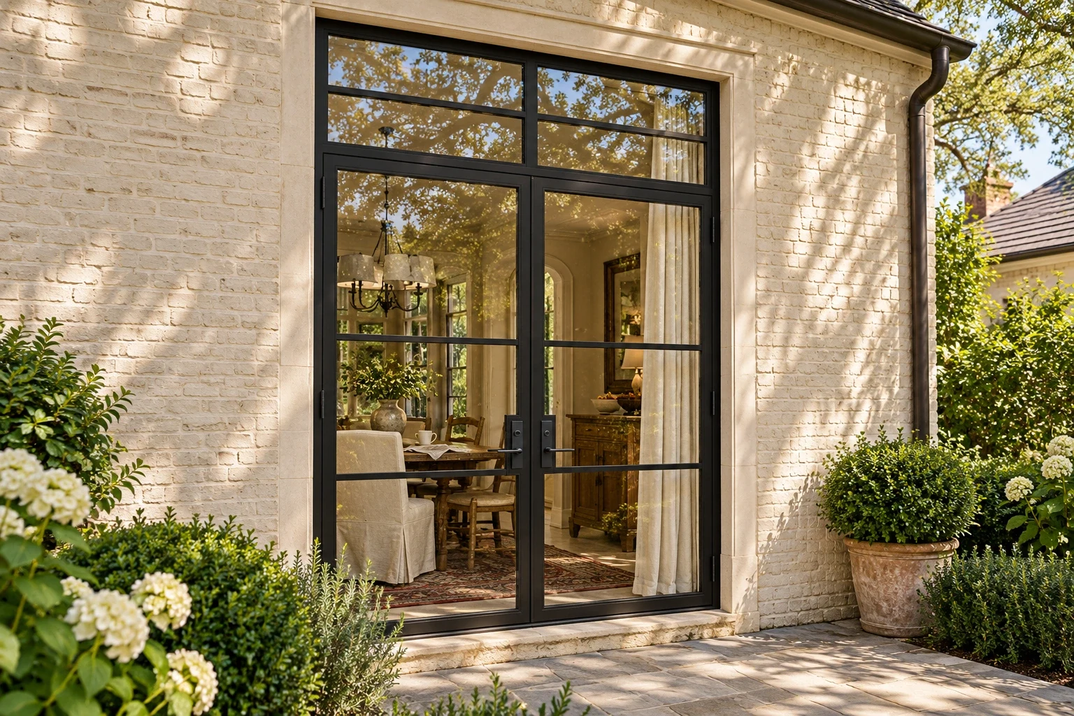 Double entrance and straight transom; tall rear breakfast-room entrance