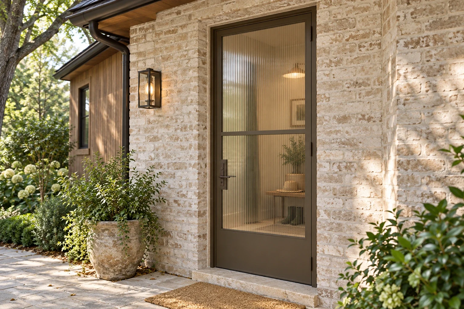 Reeded hinged entry; back porch and mudroom entrance