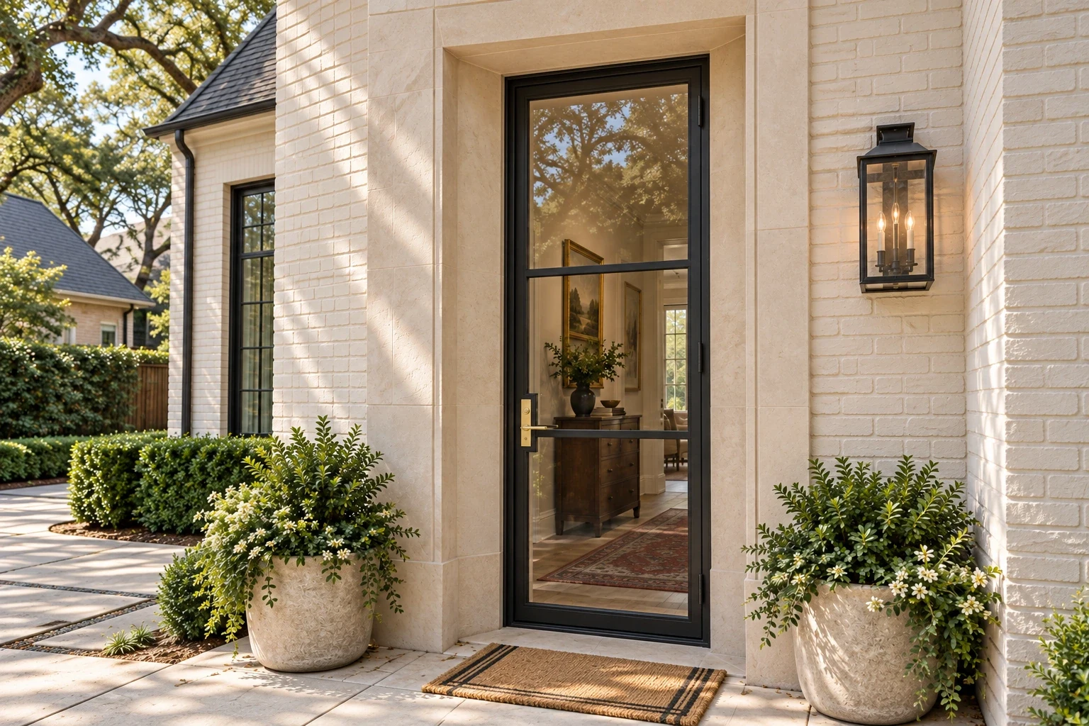 Slim hinged single; side entrance under a limestone reveal