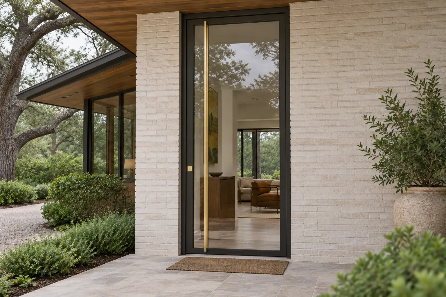 Full-view pivot; deep front entry beneath ranch eave