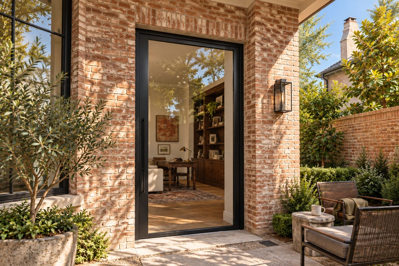 Round-pull pivot entrance; urban brick entrance