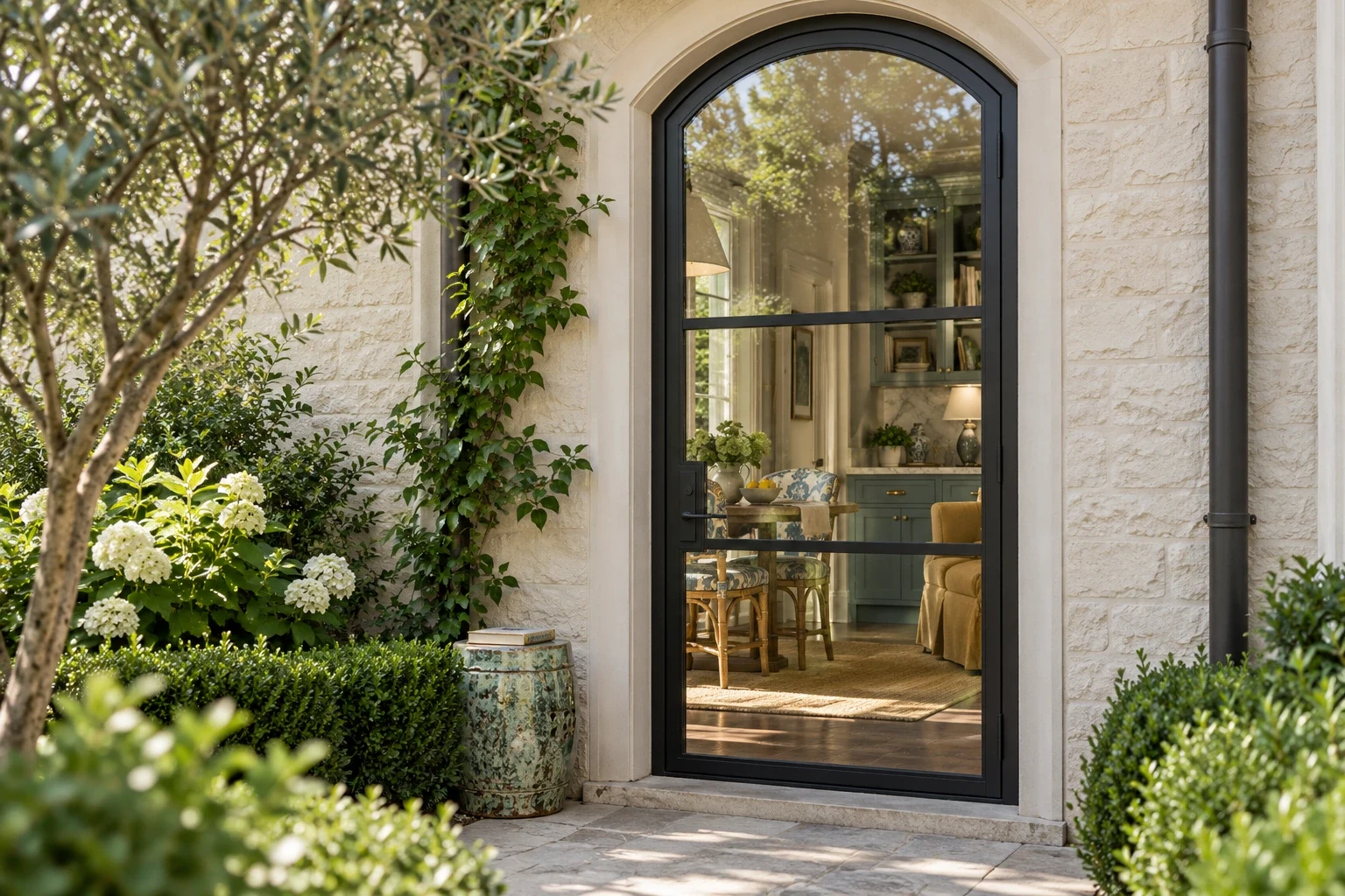 Soft-arch entrance; side garden door into breakfast room
