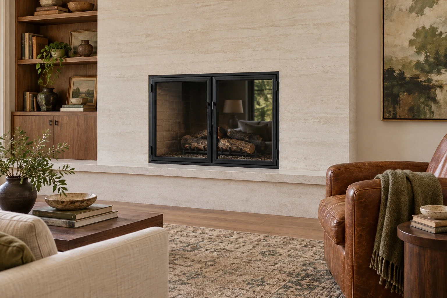 Inset fireplace doors; rear living room