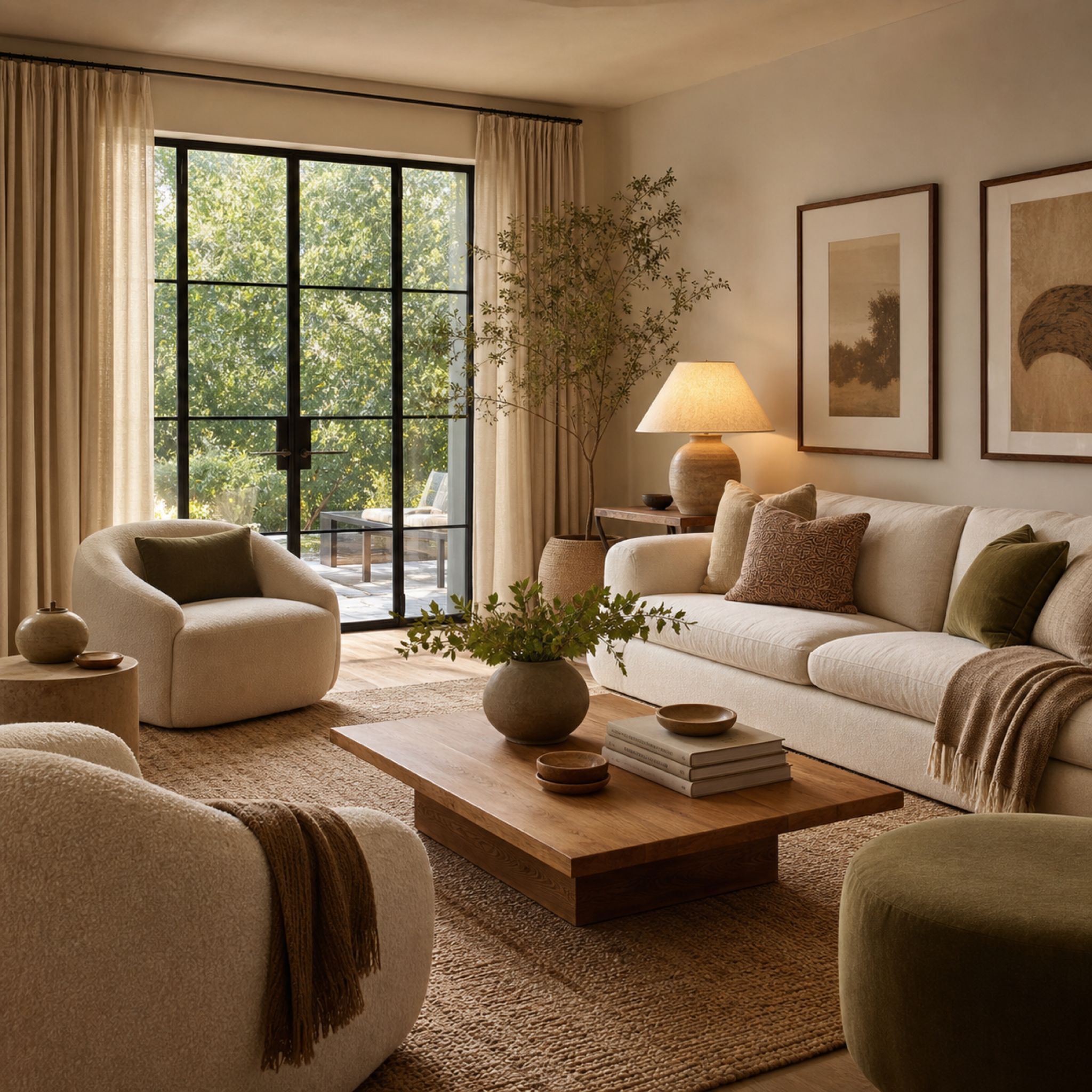 A warm living room of curated upholstered furniture beside a steel-framed window — the D'Hierro furniture collection