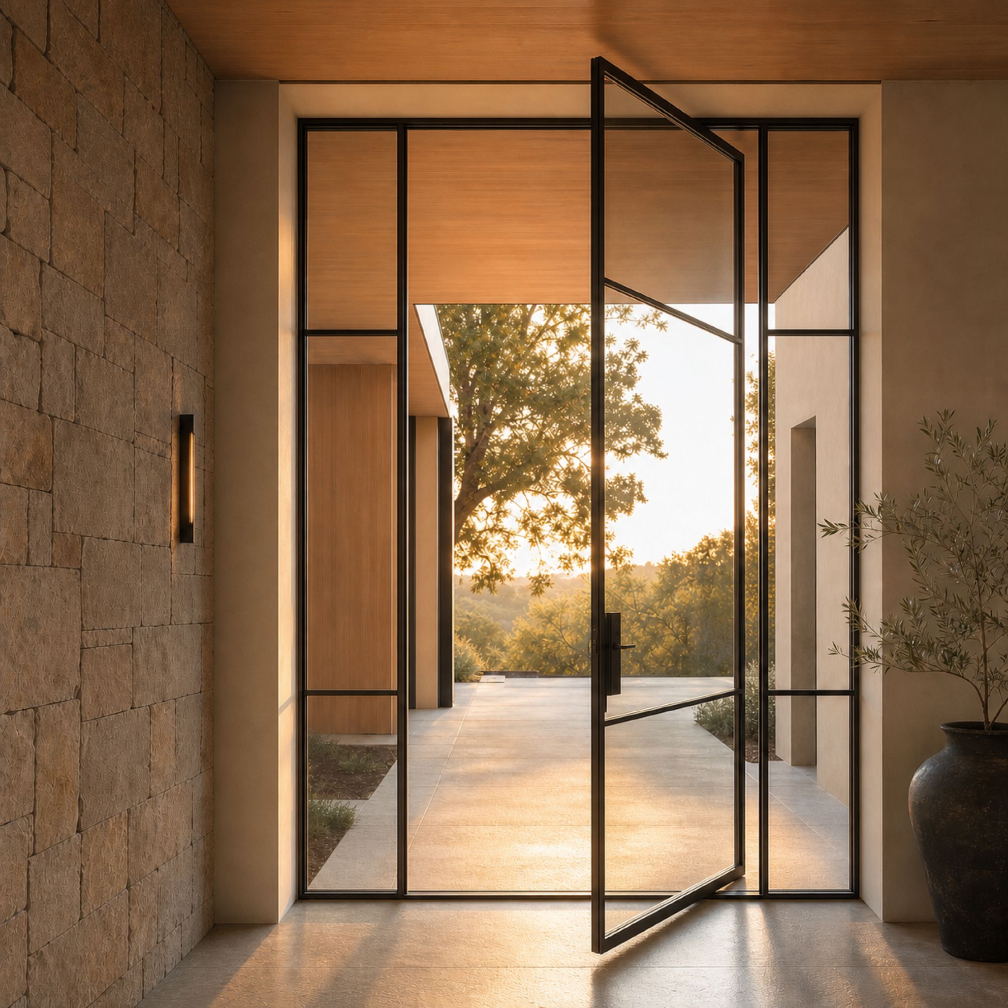 A thin-frame steel-and-glass pivot entry door open to a golden-hour landscape — D'Hierro architectural iron