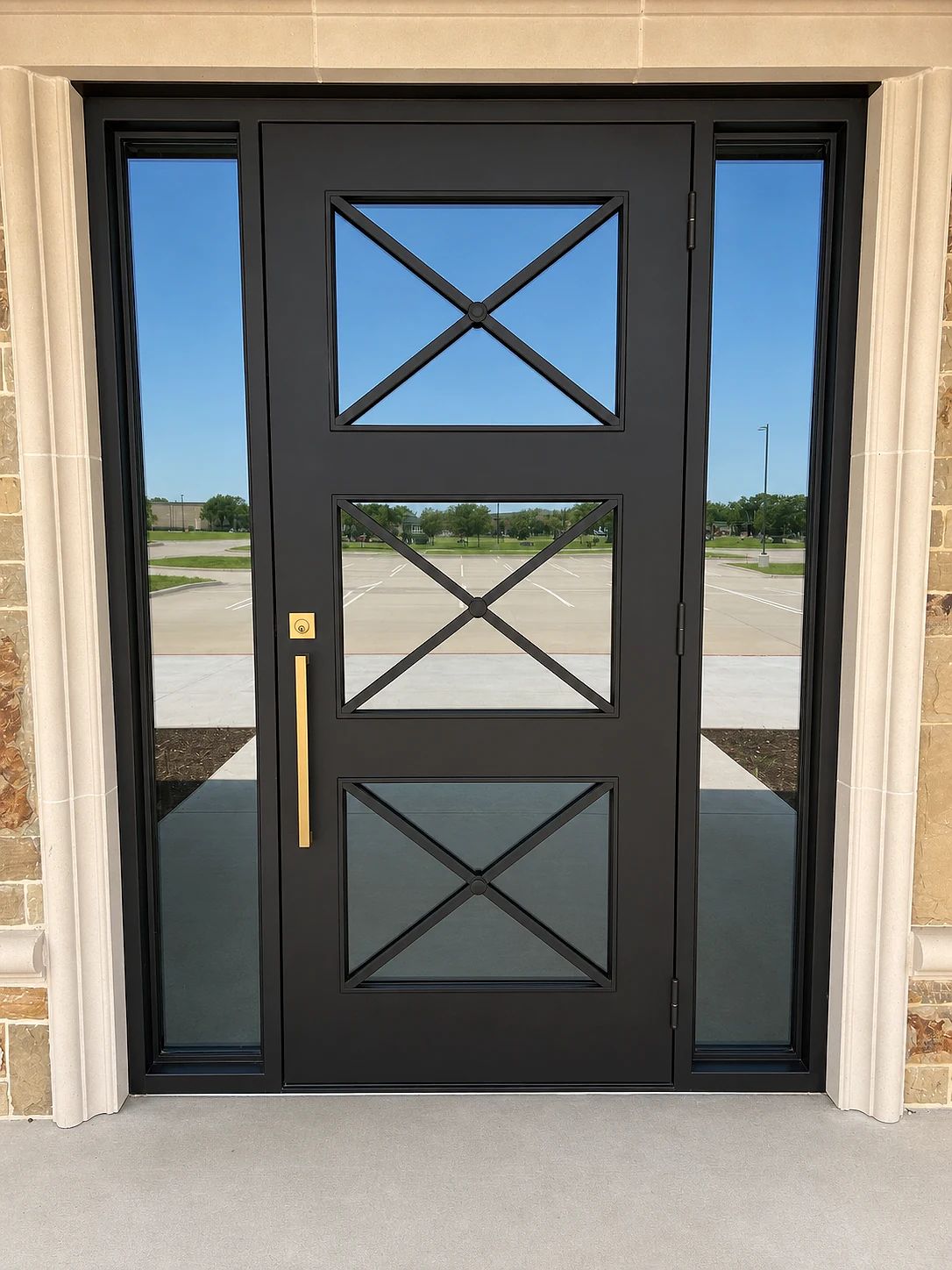 Dark-bronze commercial steel entry with X-divided glass and satin-gold pull at a Frisco memorial park