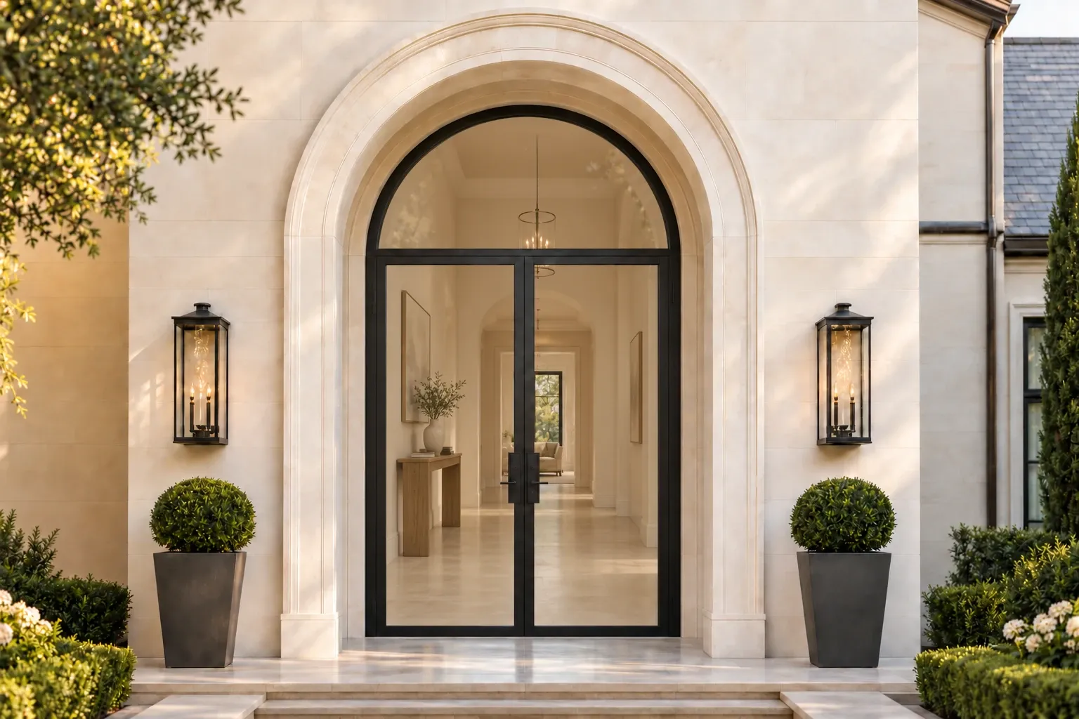 Black steel and glass double entrance with an undivided arched picture-glass transom in a limestone facade