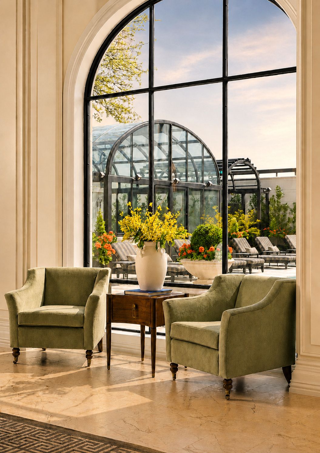 Garden room beneath an arched steel window wall