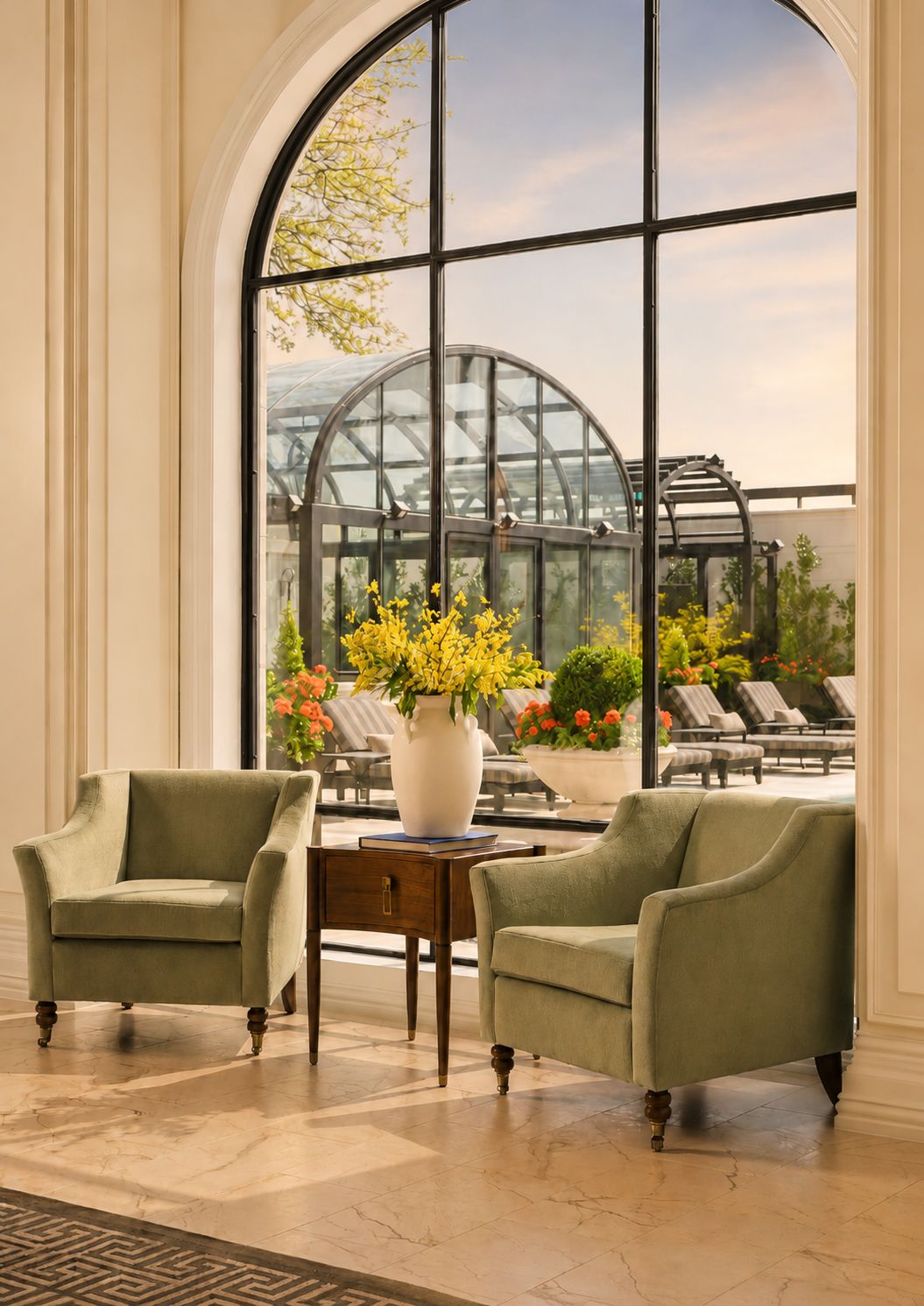 Garden room seating beneath an arched steel window wall at dusk