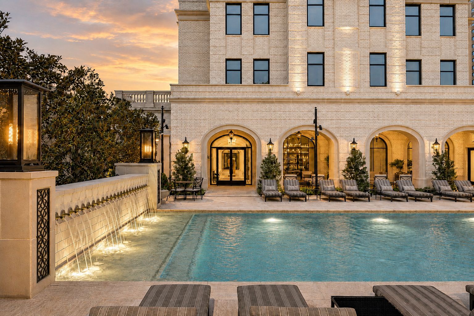 Pool courtyard with steel-framed openings at dusk