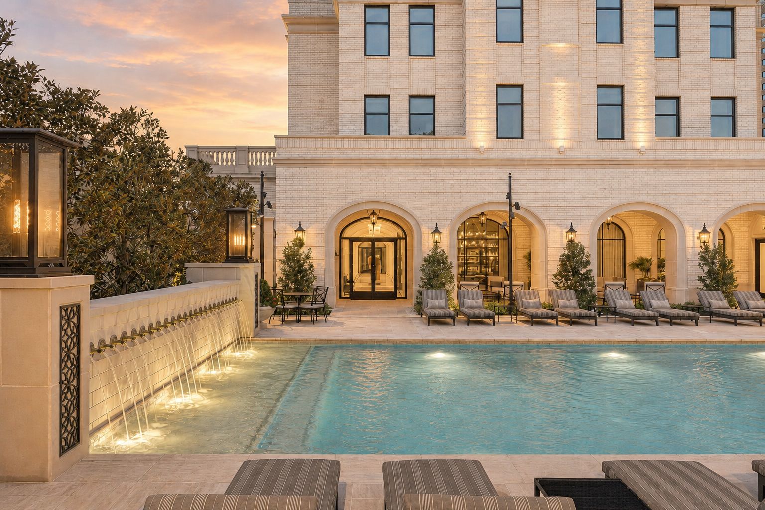 Pool courtyard with fountain wall at dusk