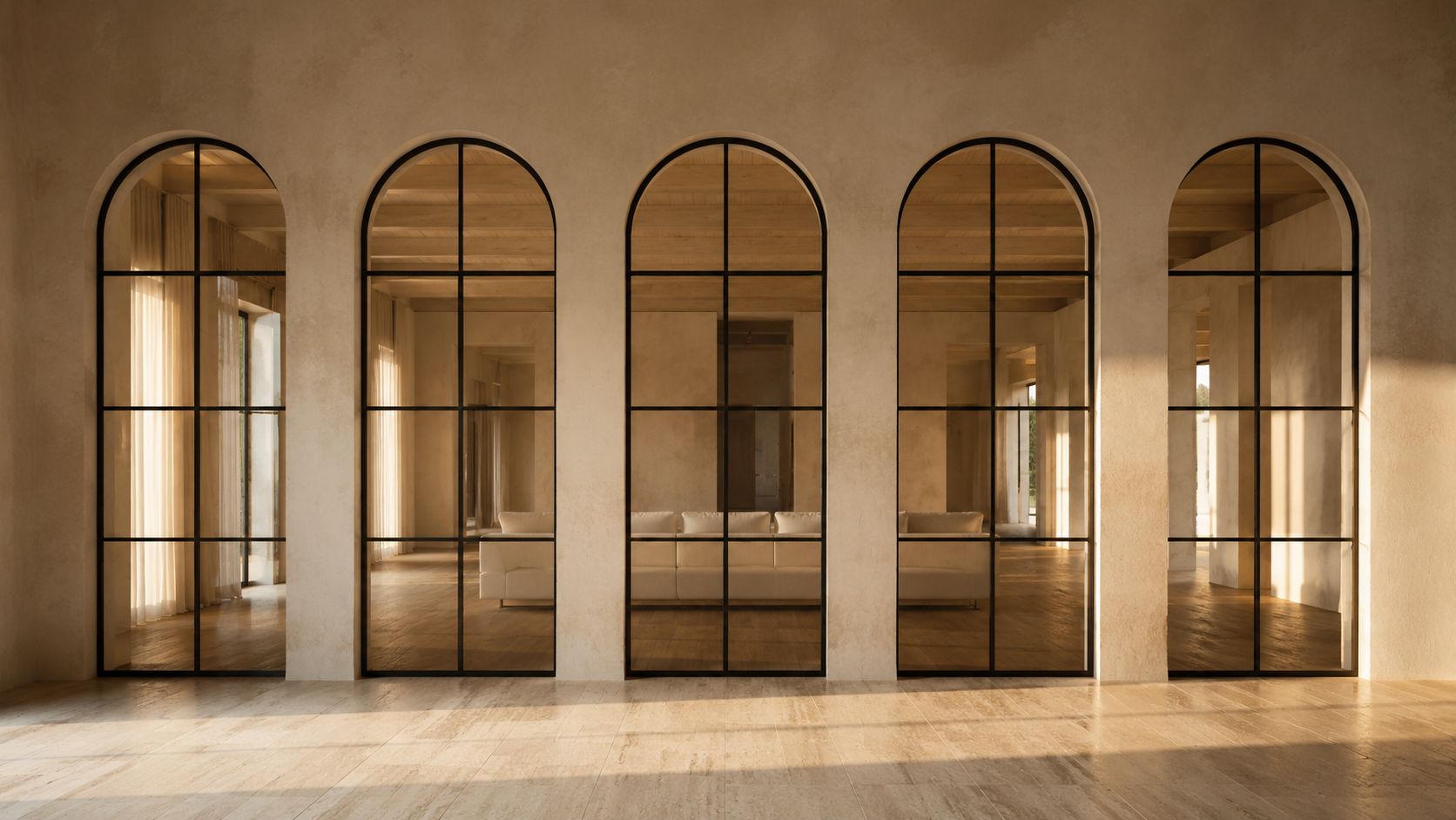 Arched iron-framed windows in a sunlit interior