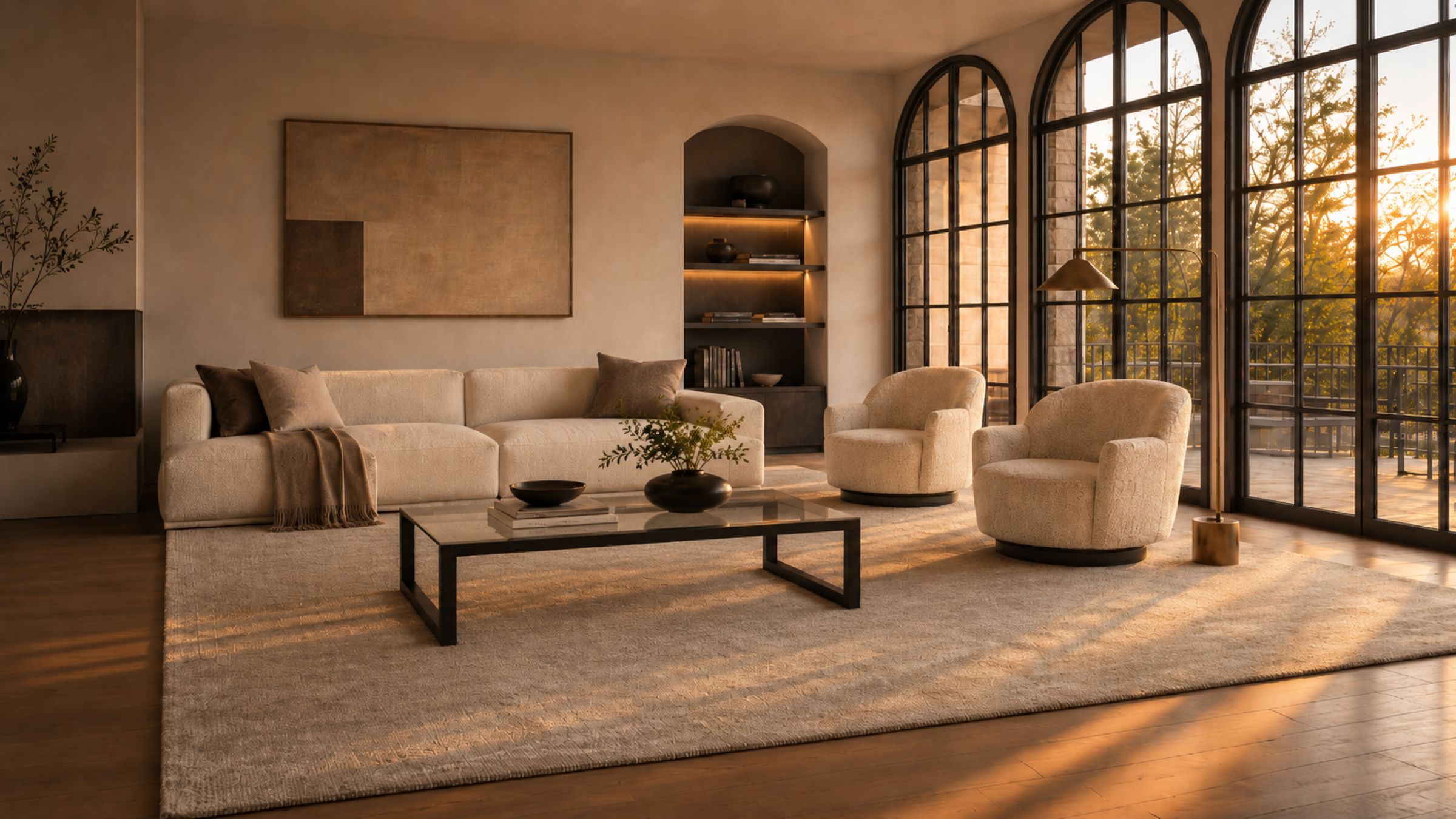 Dallas-modern living room with arched steel windows, curated seating, a low cocktail table, and warm evening light
