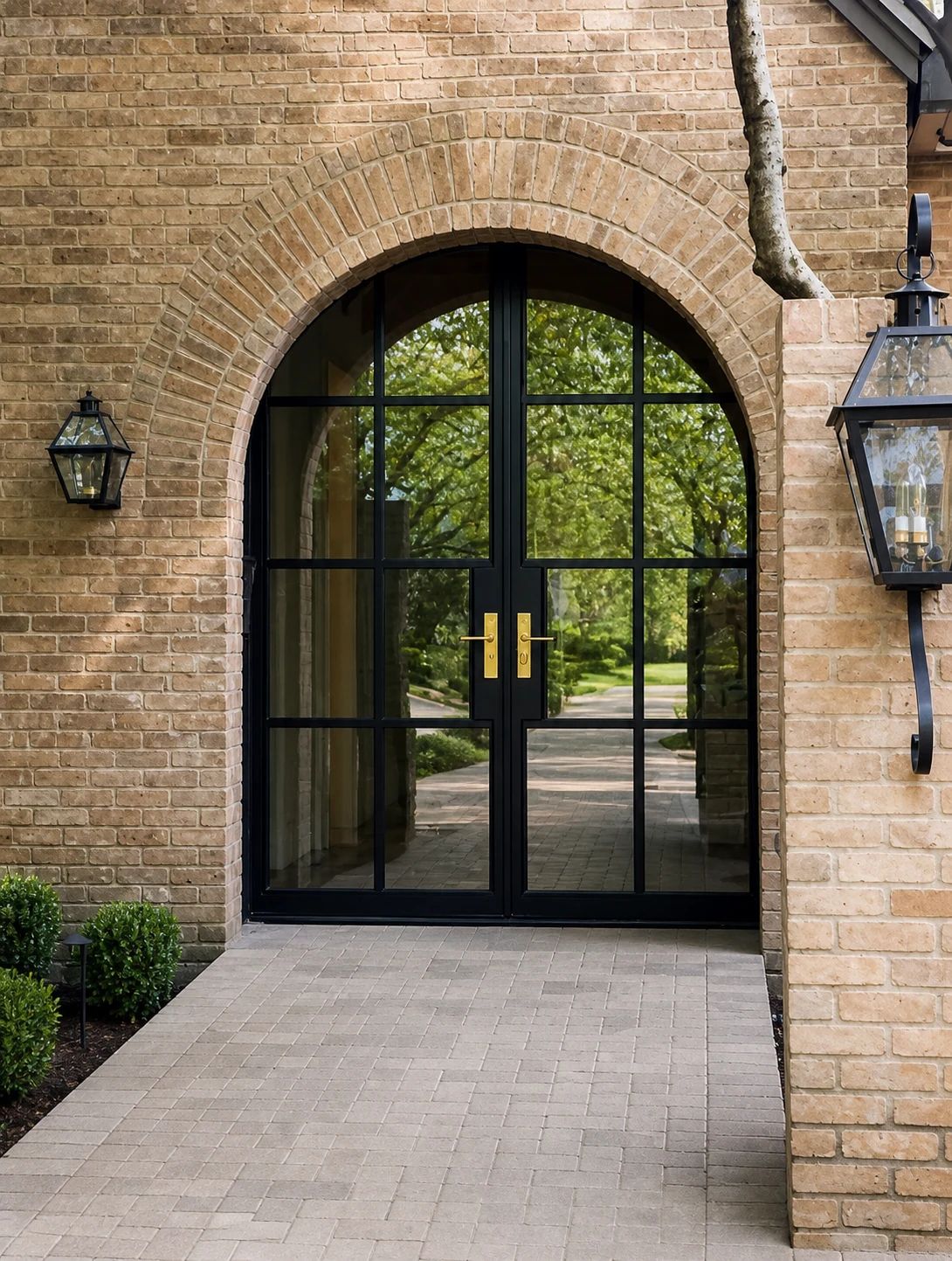 Full-height bronze steel-and-glass double entry fitted within an existing semicircular brick arch in Highland Park