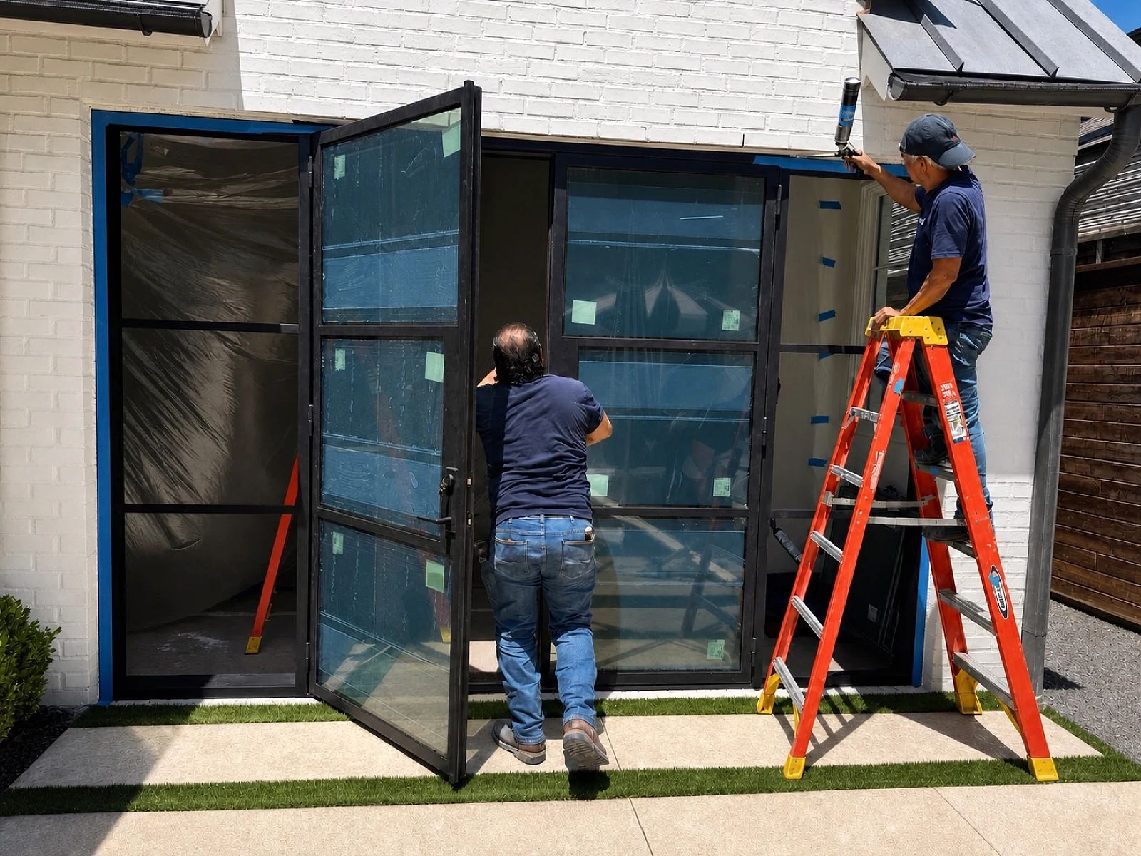 Two D'Hierro installers fitting and glazing a broad patio steel door assembly