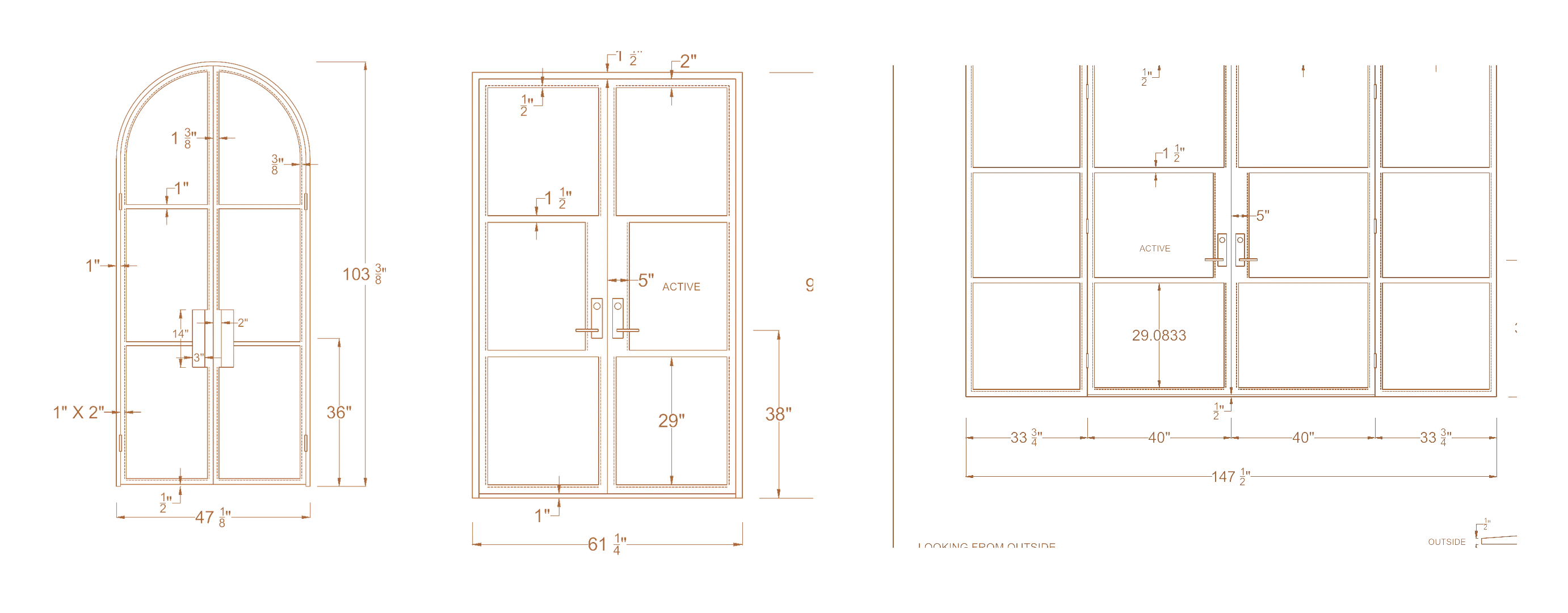 Approved shop drawing package: a steel and glass lounge pair, 61¼ inches wide, drawn between a full-arch pantry pair and a wide patio wall