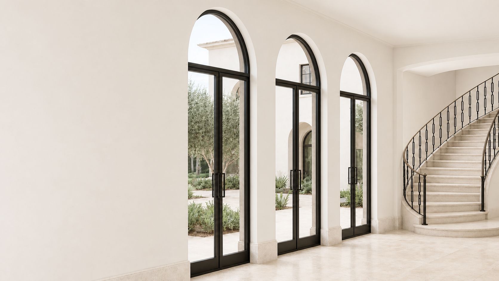 Bright architectural interior with tall arched steel-and-glass doors beside a curved custom iron stair railing