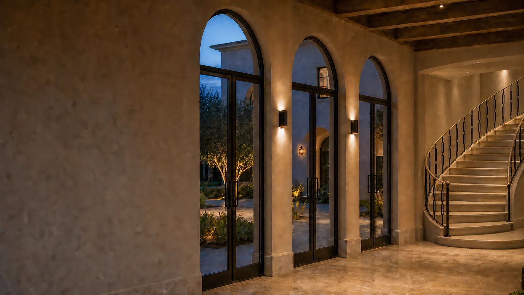 Three arched steel-and-glass doors beside a curved custom iron stair railing