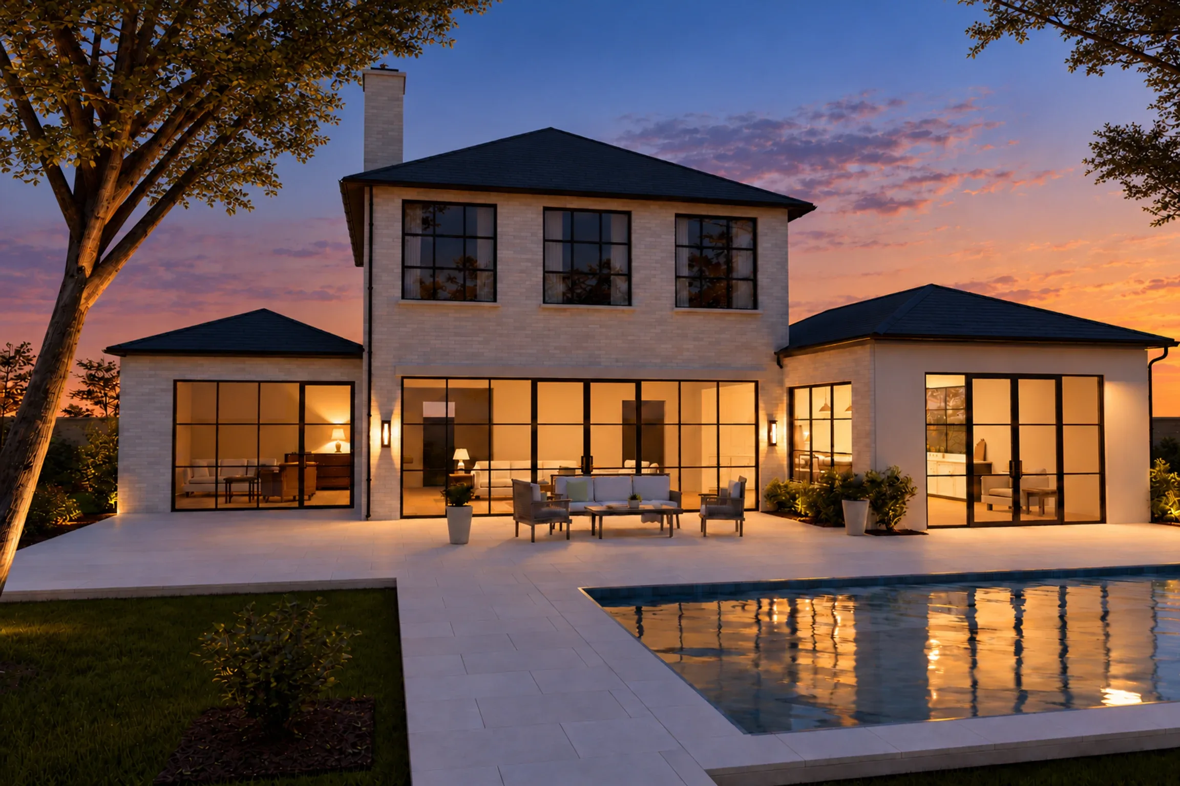 A pale brick house at dusk, its steel window walls lit warm from inside, above a terrace and pool