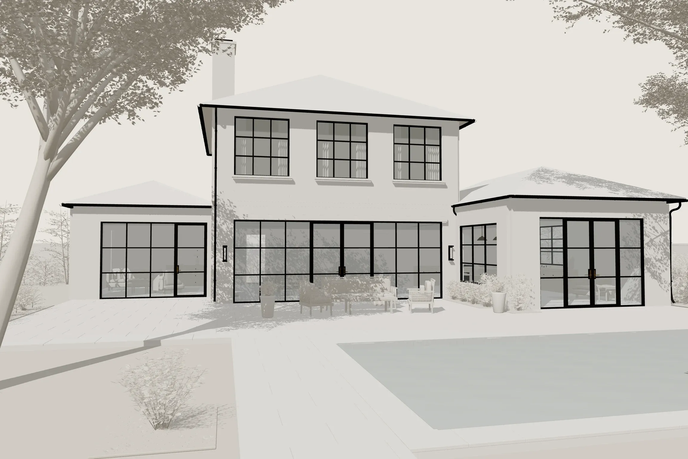 The same view as a 3D model: white walls, black steel windows and doors