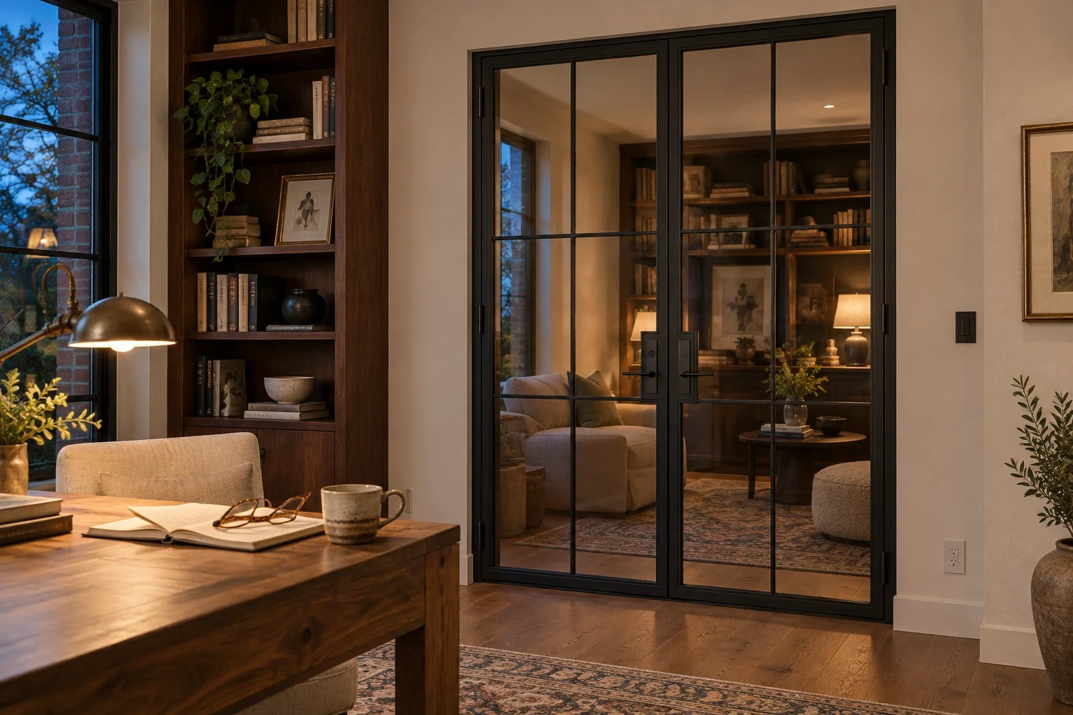 Fine-grid room doors; loft-like study and media room