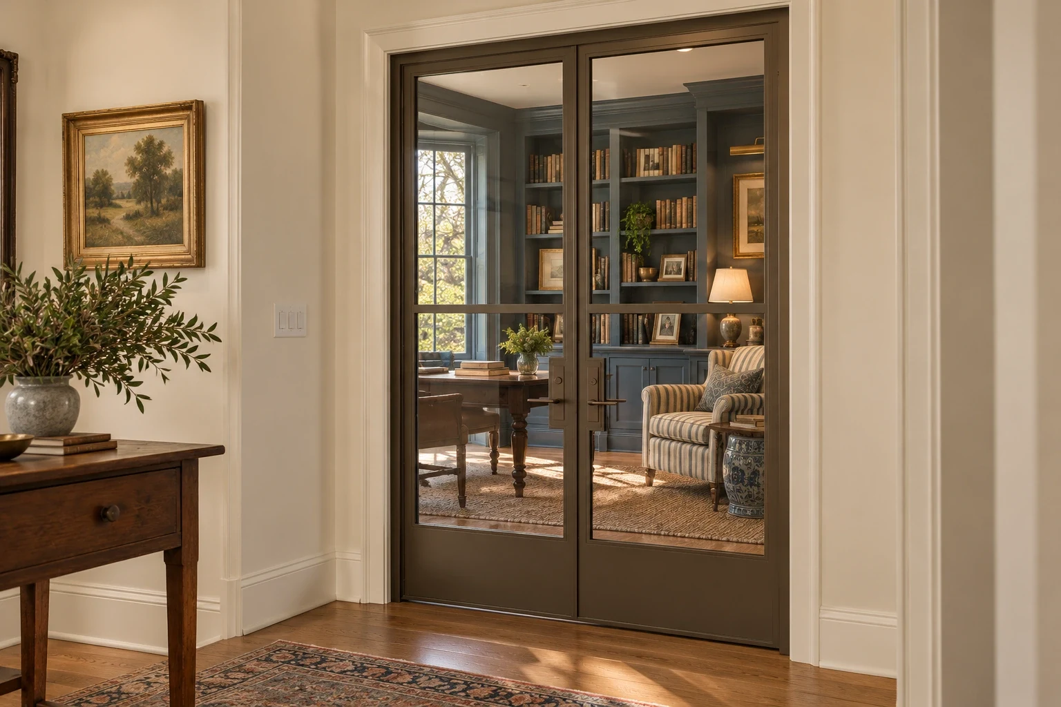 Library double doors; hall to blue-gray library