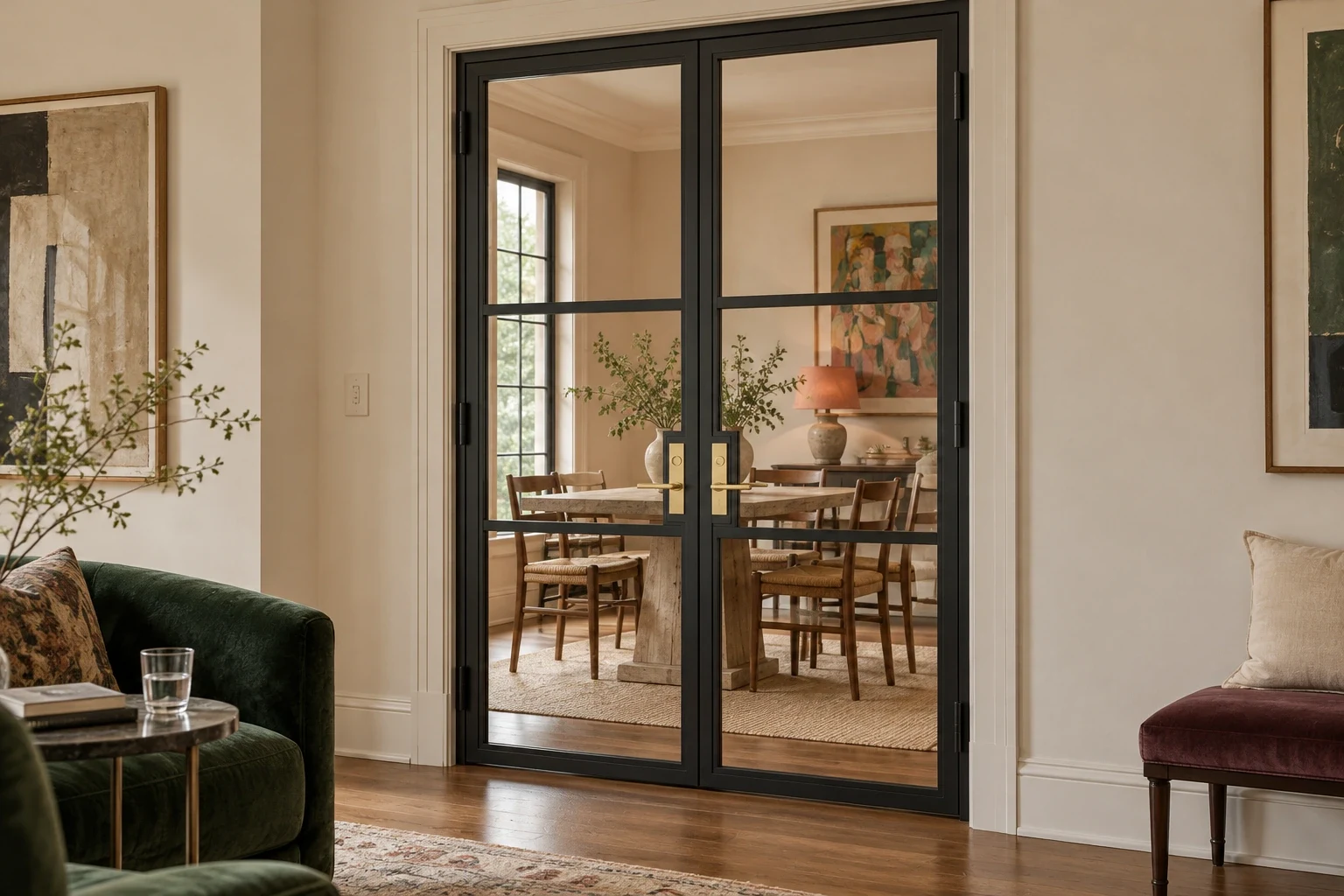 Clear-glass room doors; sitting room opening to dining room