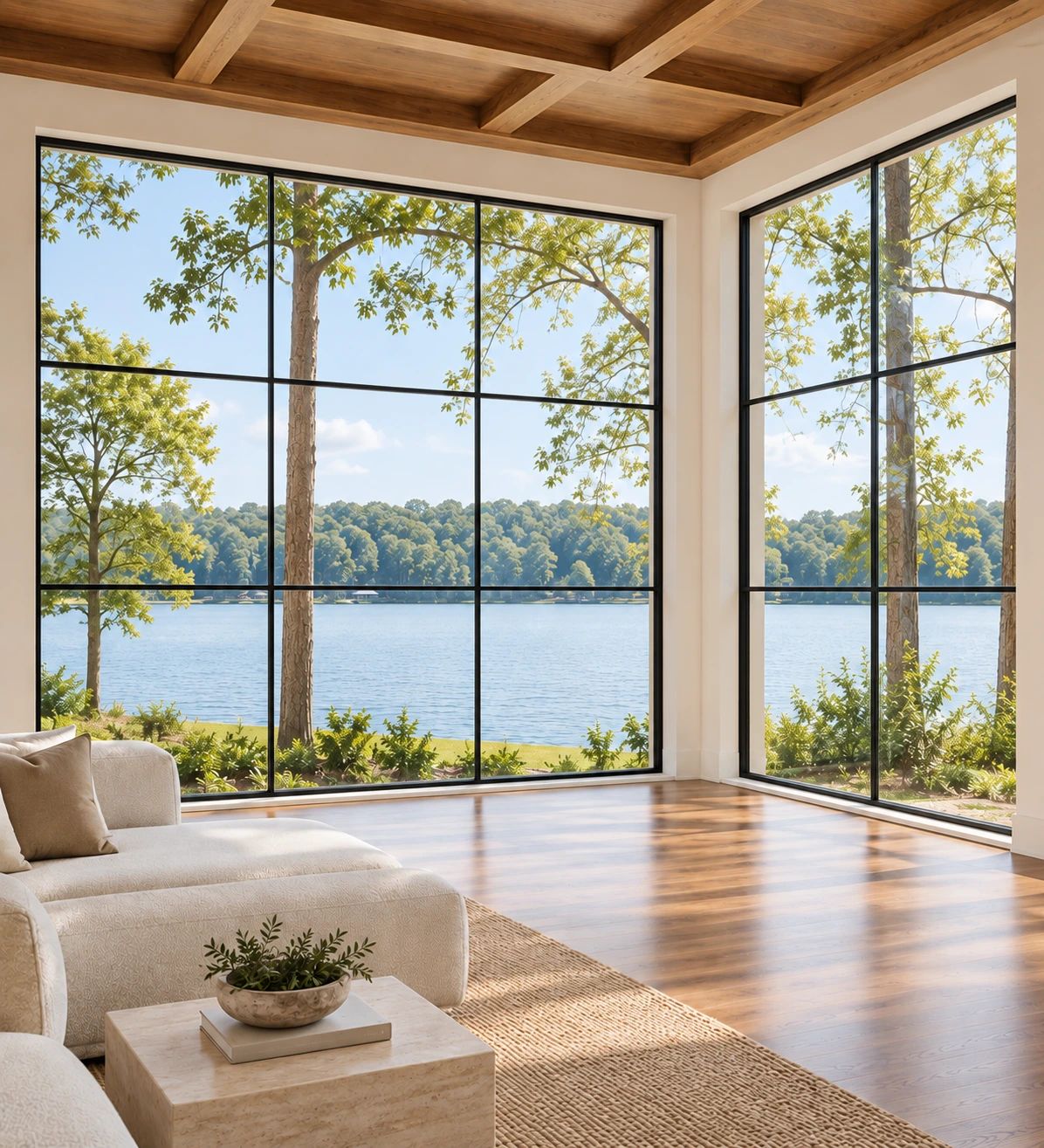Slender steel corner windows framing lake views in a warm oak living room