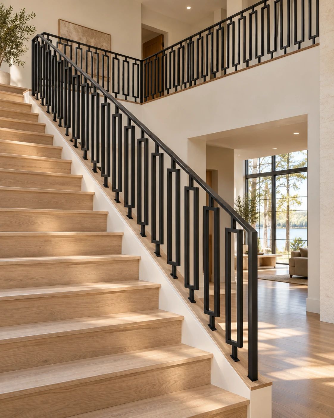 Geometric black steel railing with tall rectangular motifs along an oak staircase