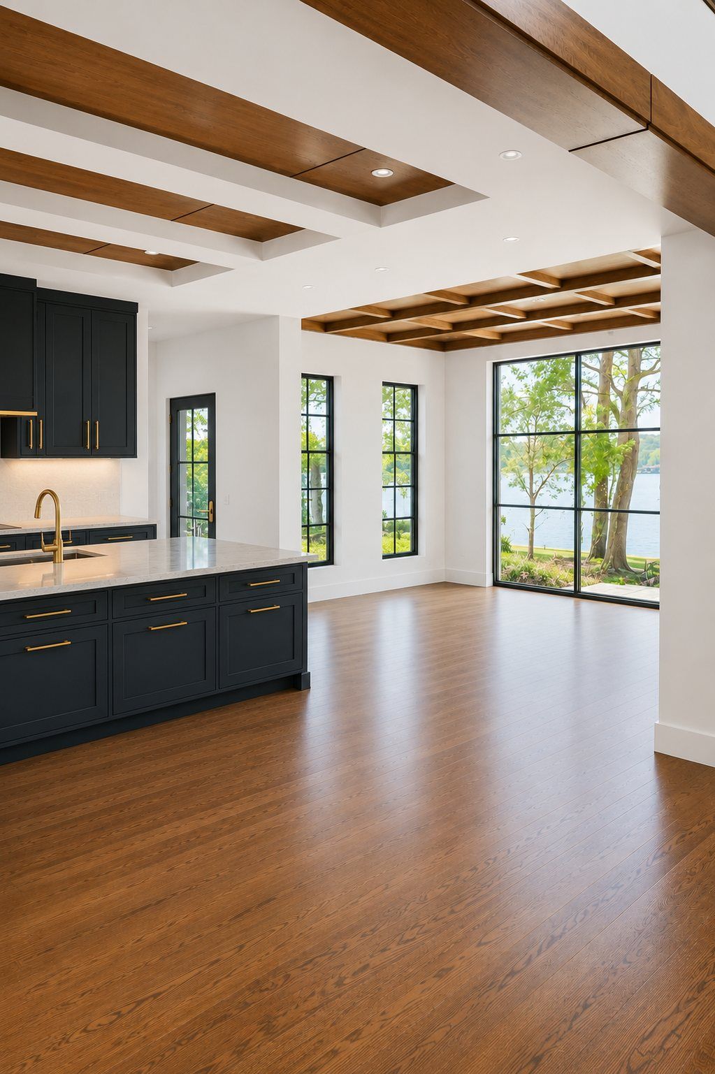 Kitchen with steel windows over the counter