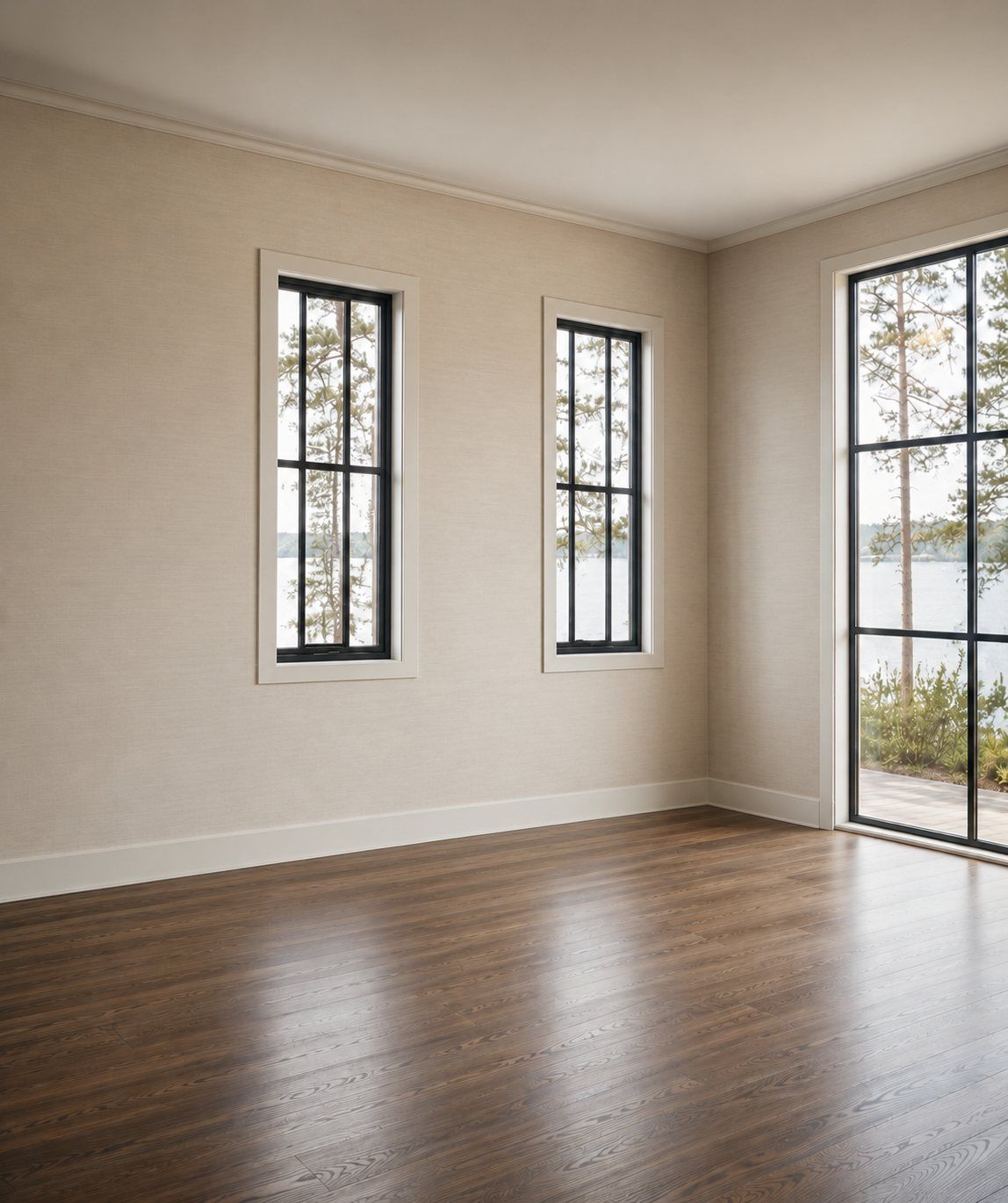 Master suite with a steel window wall and lake view