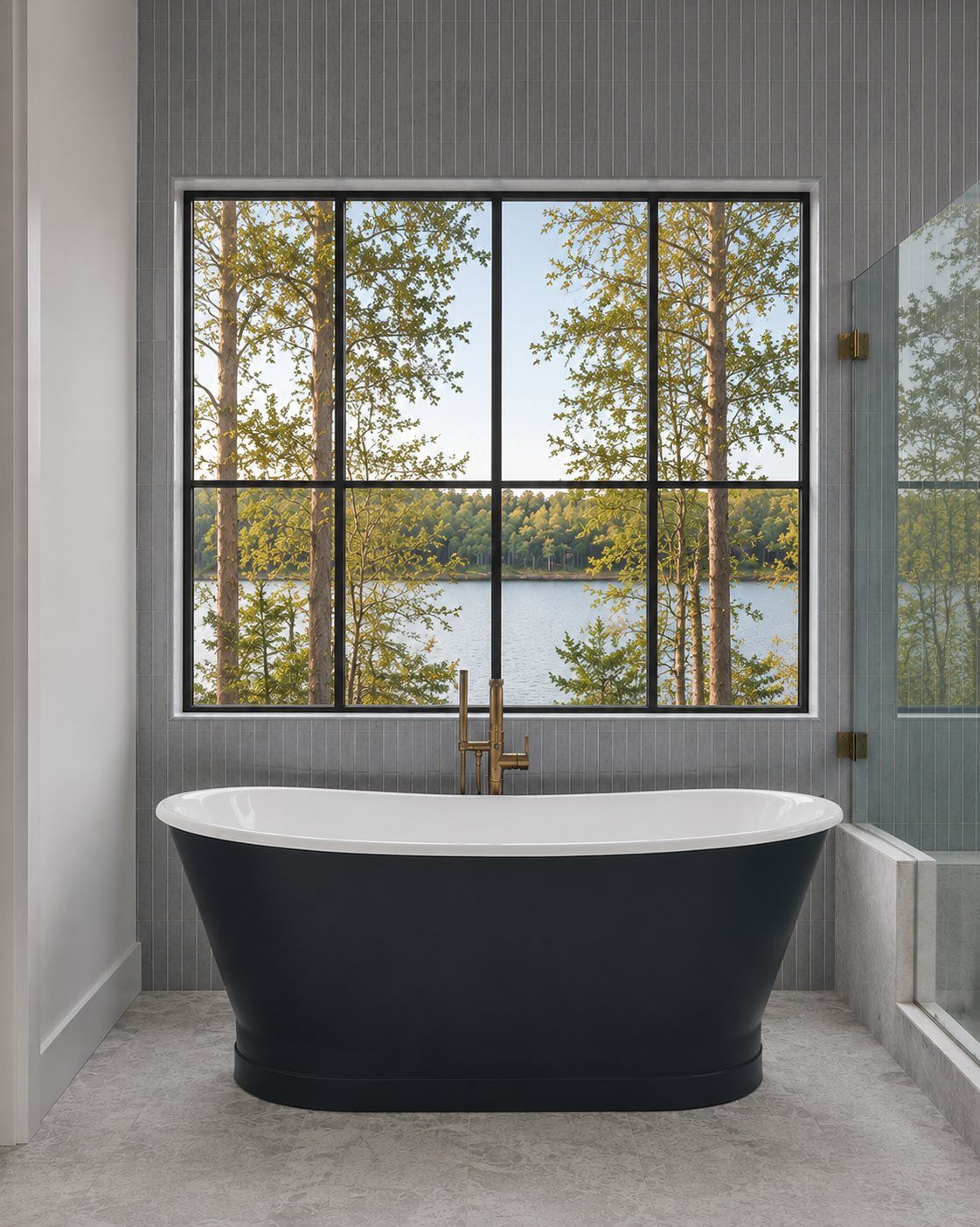 Master bath with steel windows framing the pines