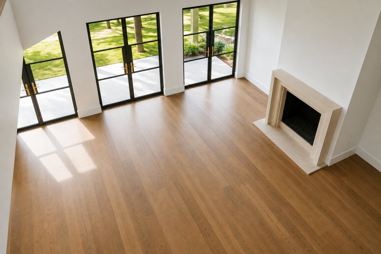 Guest house living room with steel doors to the lake