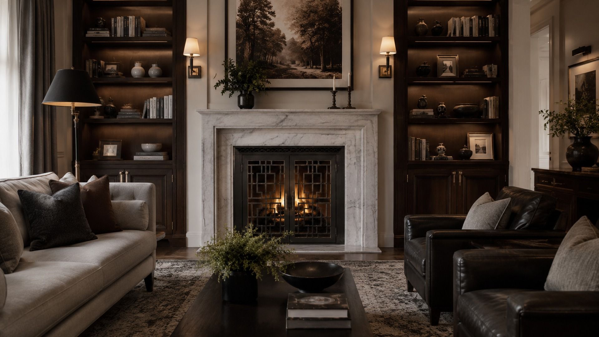 Geometric fireplace doors in a library with built-in shelves