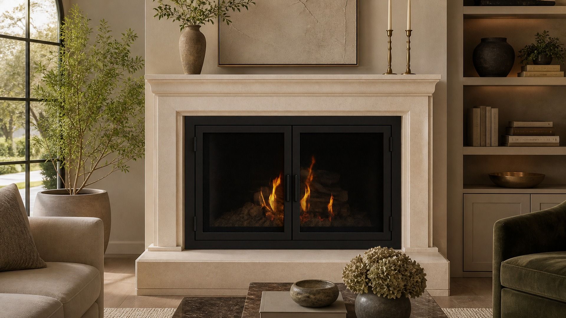 Custom black steel inset fireplace doors in a limestone living room